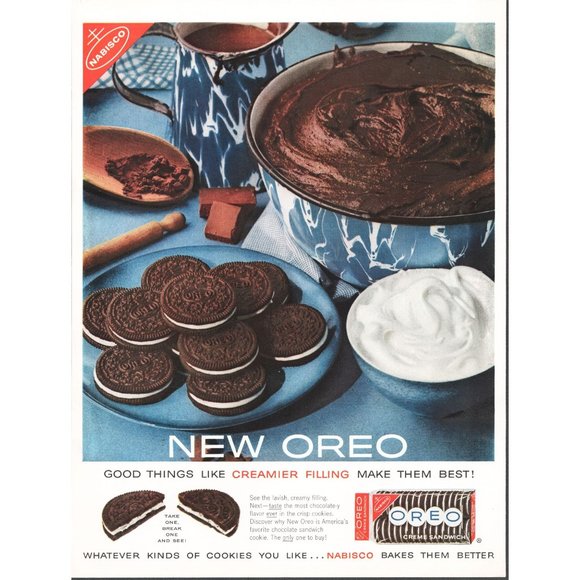 1960 Oreo Cookie Nabisco Vintage Print Ad Chocolate Sandwicg Enamelware Wall Art - Picture 1 of 1